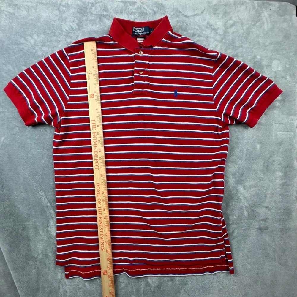 Polo‎ Ralph Lauren Men Lg Red White Blue Striped Short Sleeve Pique Polo Shirt